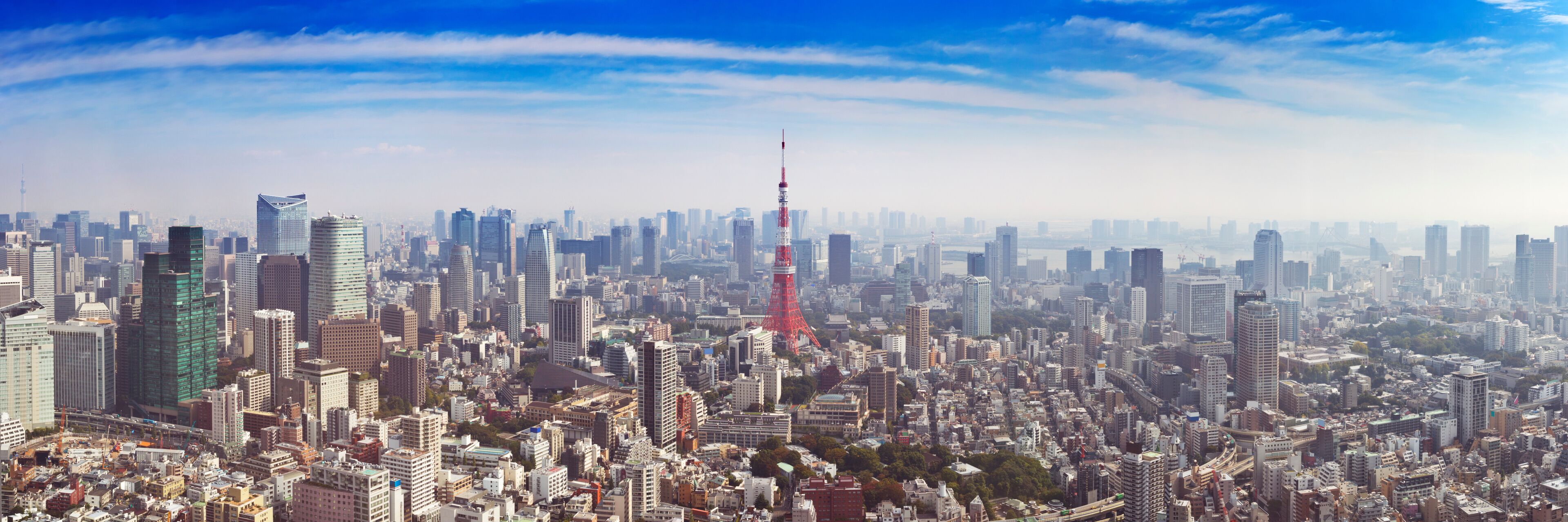 A densely packed cityscape with numerous high-rise buildings and a prominent red tower.