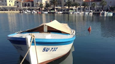 A small boat with the number 51-732 anchored near a marina with buildings and palm trees in the background.