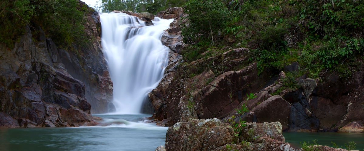 A waterfall cascading down a rocky cliff surrounded by lush greenery.