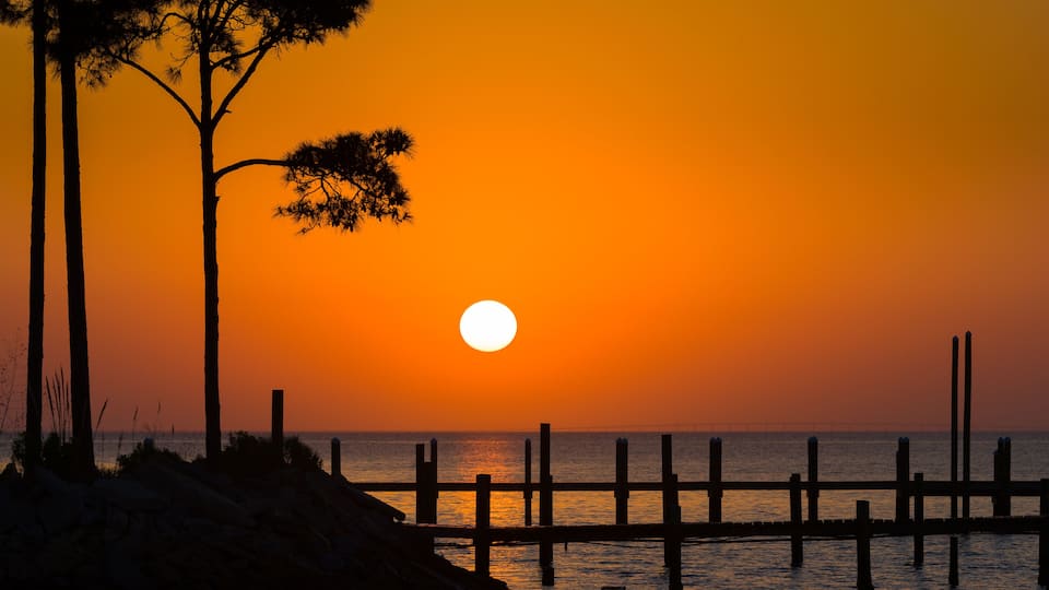 A sunset over a calm sea with a wooden pier and silhouetted trees.