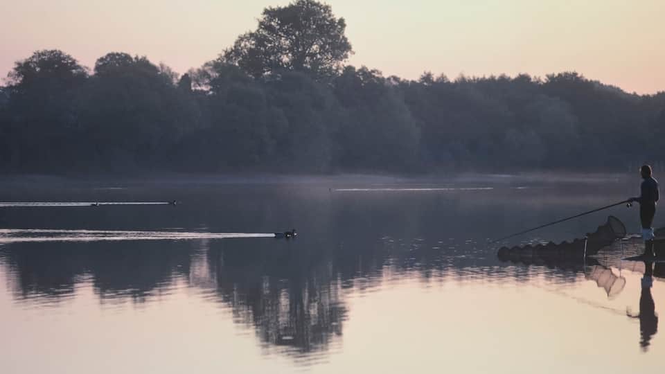 A calm lake with a person fishing, surrounded by trees and a misty atmosphere.