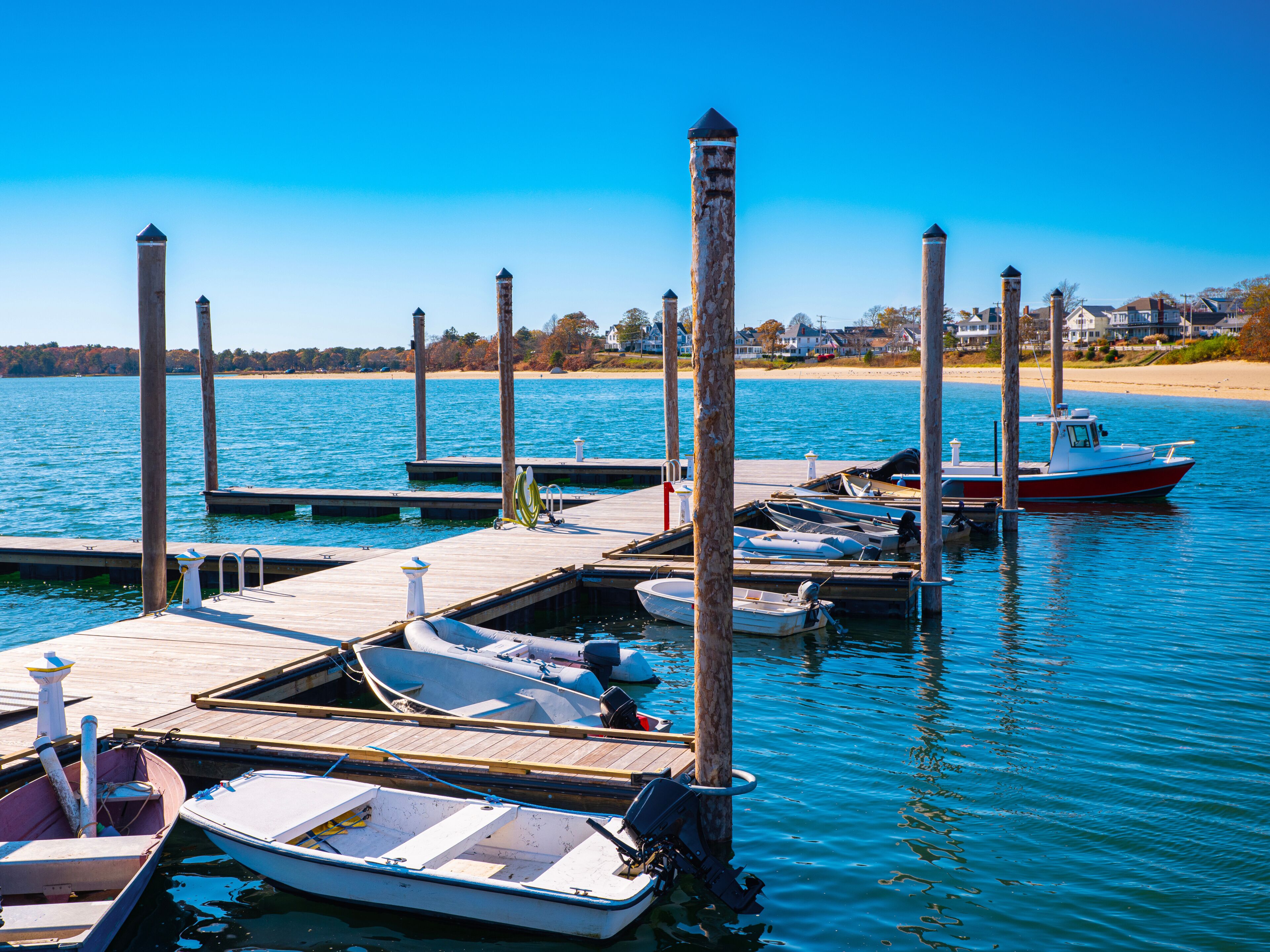 Onset Beach Marina Seascape with moored boats and dock at the harbor in Wareham, Massachusetts, USA