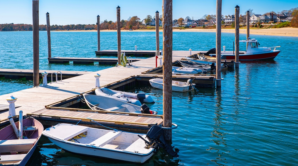 Onset Beach Marina Seascape with moored boats and dock at the harbor in Wareham, Massachusetts, USA