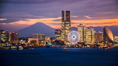 Une vue sur les toits d’une ville, avec des bâtiments illuminés et une grande grande roue se détachant sur un ciel au coucher du soleil.