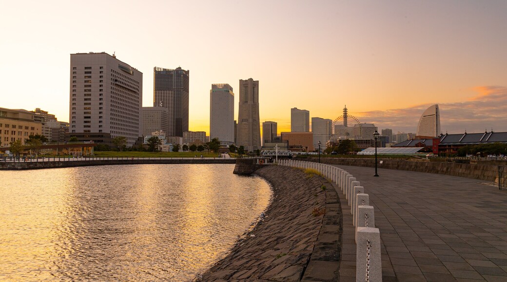 Osanbashi Yokohama showing a sunset, a city and a river or creek