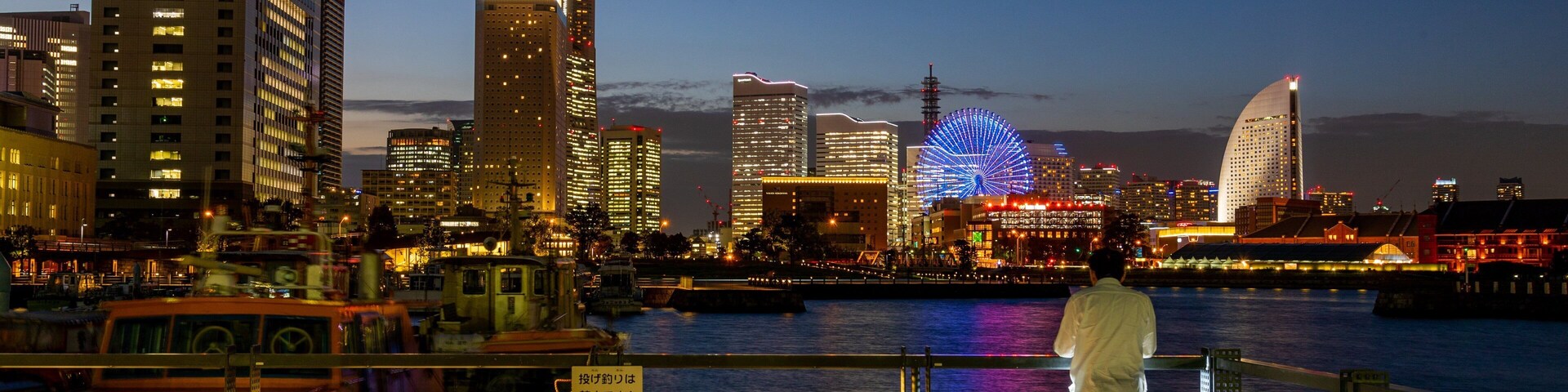 Yokohama showing a bay or harbor, a city and night scenes