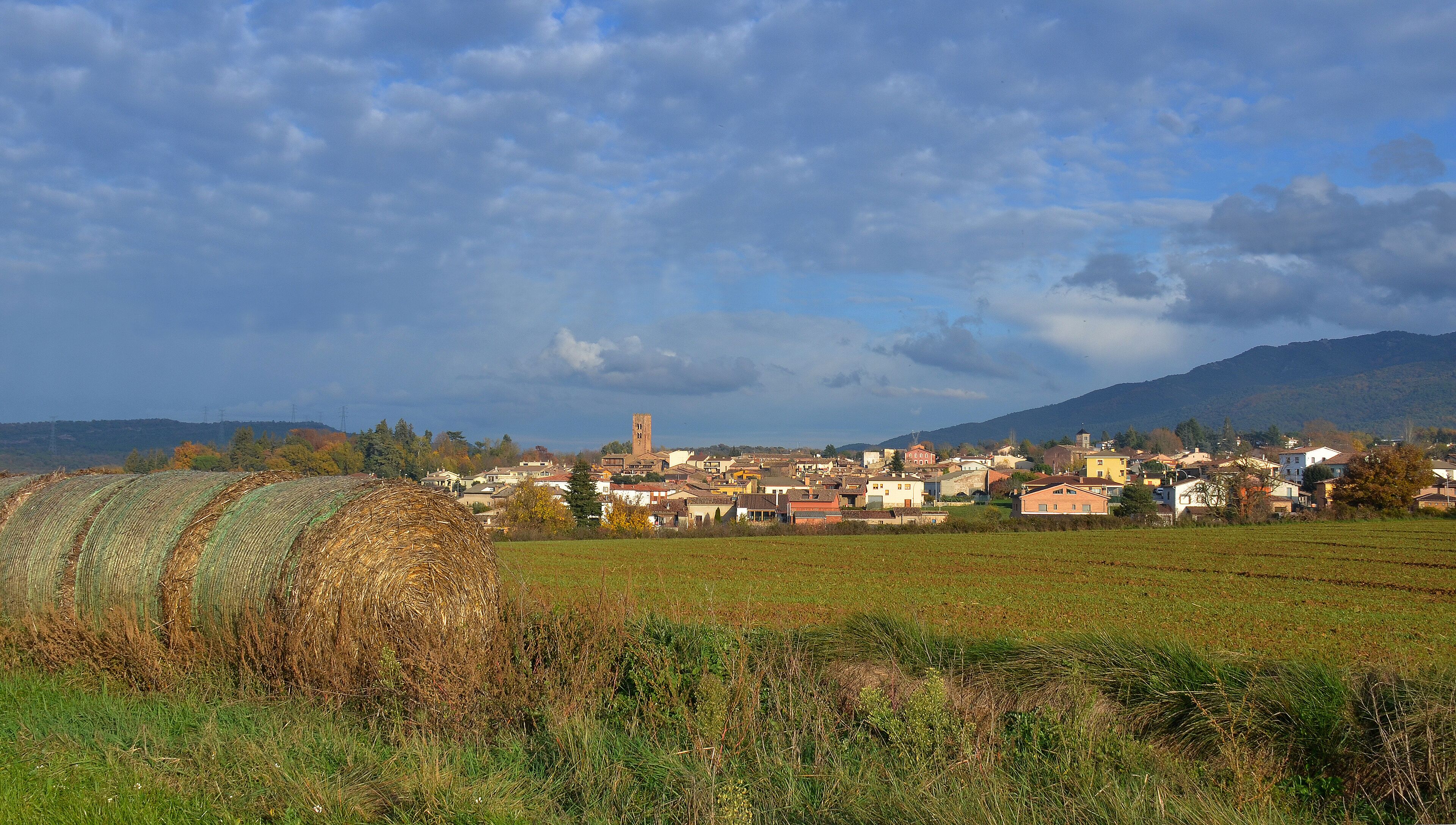 A rural landscape with a town, fields, and mountains in the background.