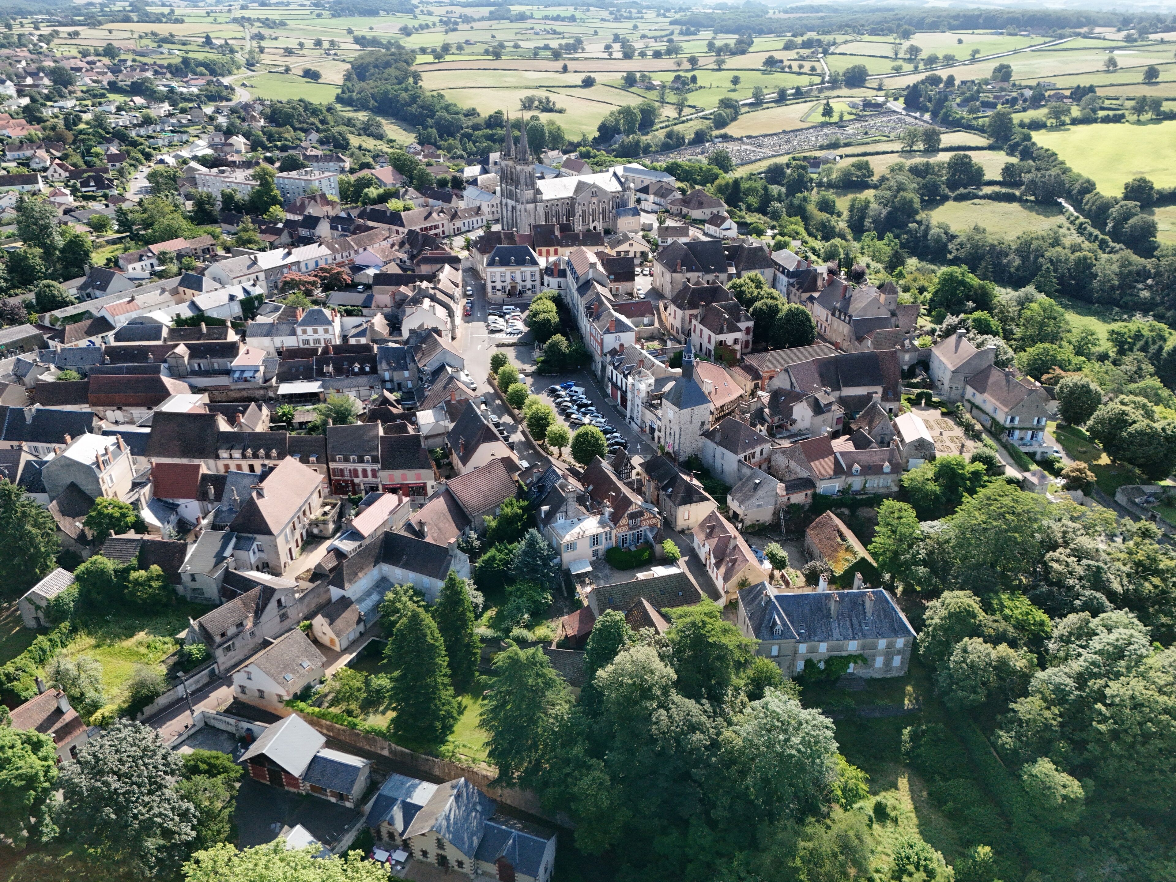Aerial view of the town of Bourbon-Lancy in Burgundy, France
