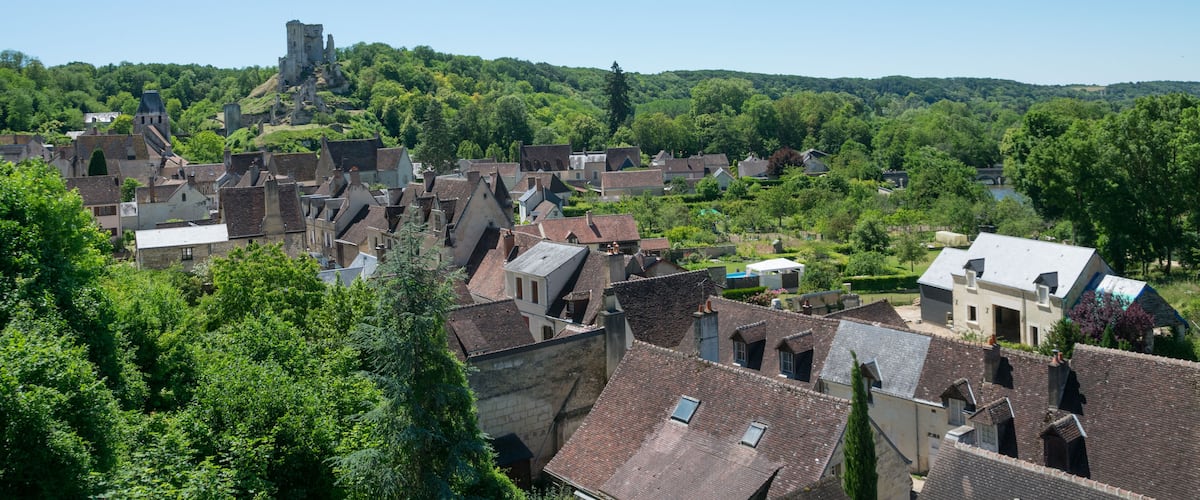 A historic town with medieval architecture, a prominent castle on a hill, and lush greenery.