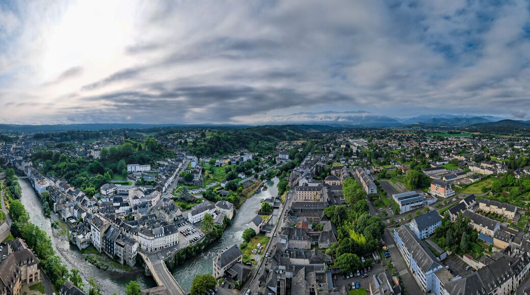 Aerial view above the beautiful French city of Oloron-Sainte-Marie