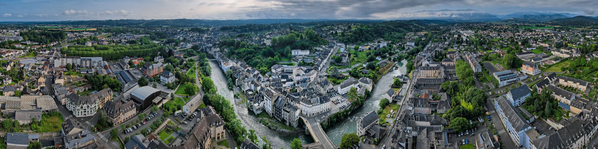 Aerial view above the beautiful French city of Oloron-Sainte-Marie