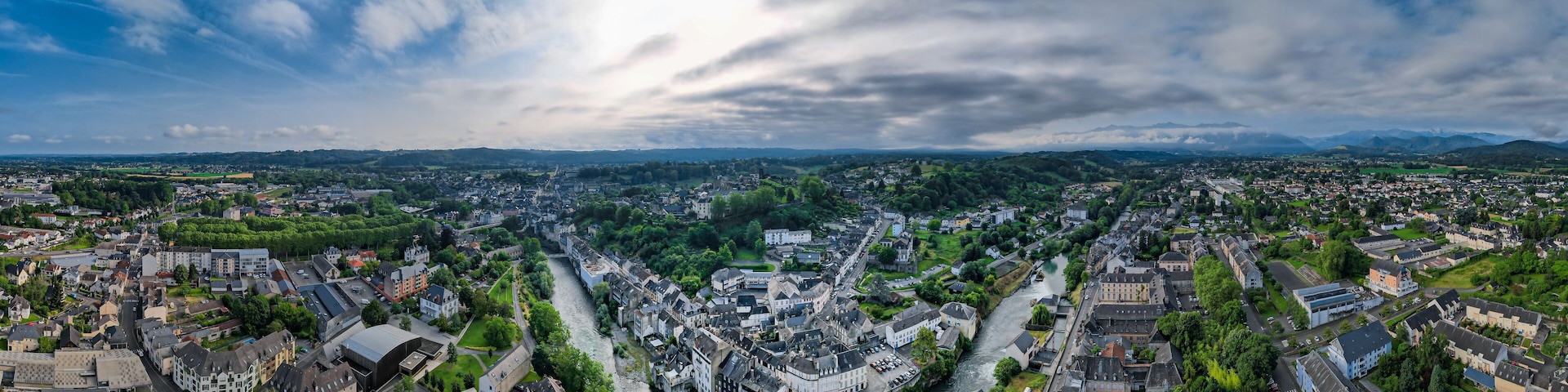 Aerial view above the beautiful French city of Oloron-Sainte-Marie