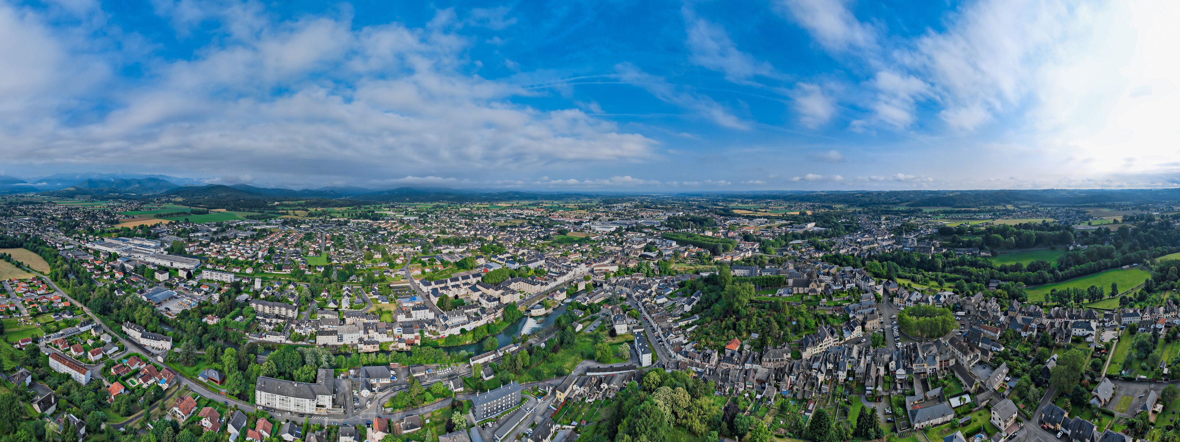 Aerial view above the beautiful French city of Oloron-Sainte-Marie