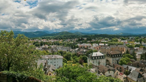 Vista panorámica de la ciudad de Oloron-Sainte-Marie en un nublado día de junio, Francia. Los tejados de los edificios y las verdes colinas al fondo.