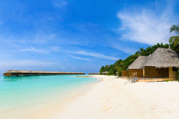 Une plage avec des bungalows sur pilotis, des palmiers et une eau turquoise cristalline.