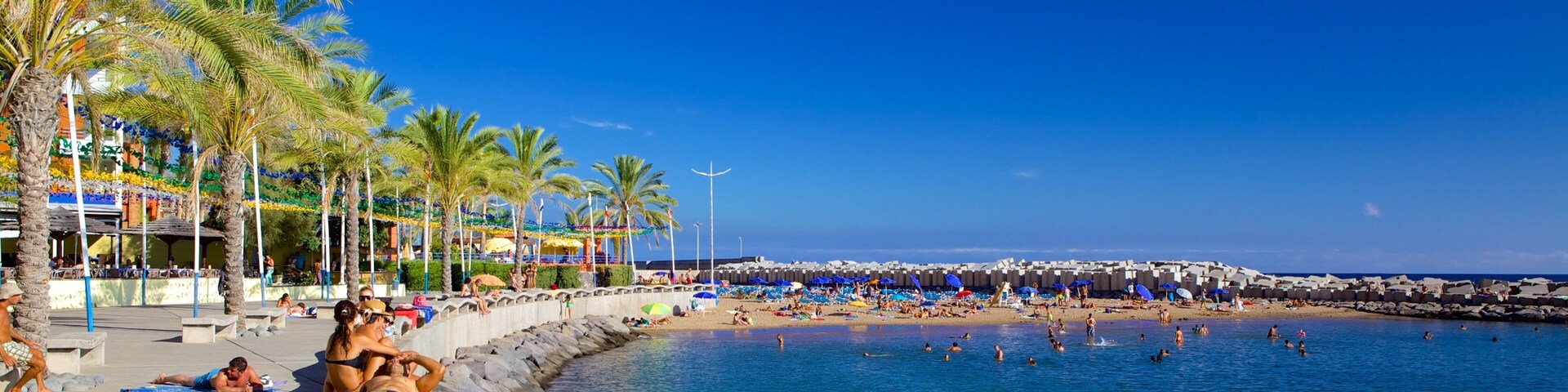 Uma praia ensolarada com palmeiras, um quebra-mar rochoso e pessoas nadando e relaxando.