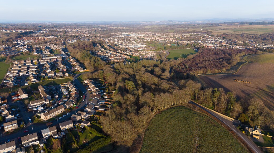 Aerial view of Penicuik nestled in lush greenery: A scenic Scottish townscape surrounded by vibrant fields and woodland in Midlothian
