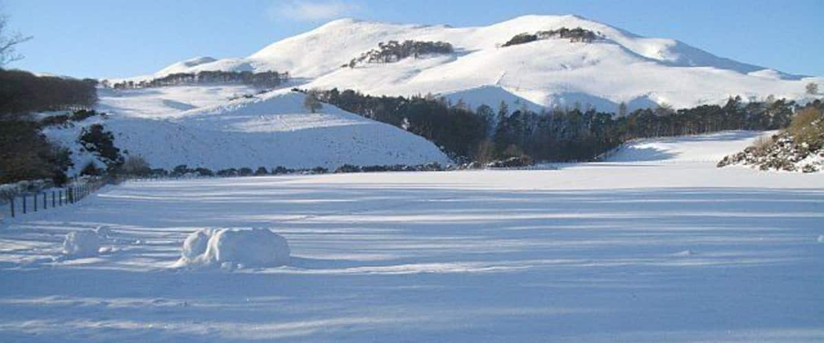 A snow-covered field with a snowman and a mountain in the background.