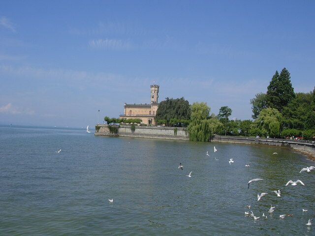 A historic building by a calm lake with seagulls flying.
