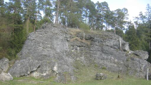 Mit Elektrozaun abgesperrter Berg im Felsenmeer Wental; Naturschutzgebiet „Wental mit Seitentälern und Feldinsel Klösterle“