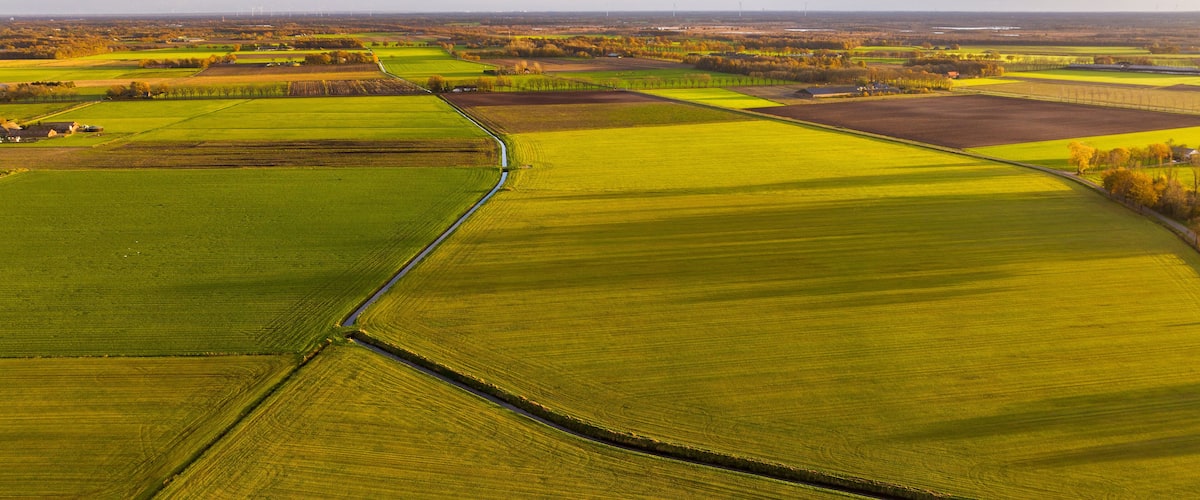 An aerial view of a rural landscape with fields, a winding road, and distant wind turbines.