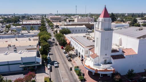 Aerial skyline view of downtown Merced, California, USA.