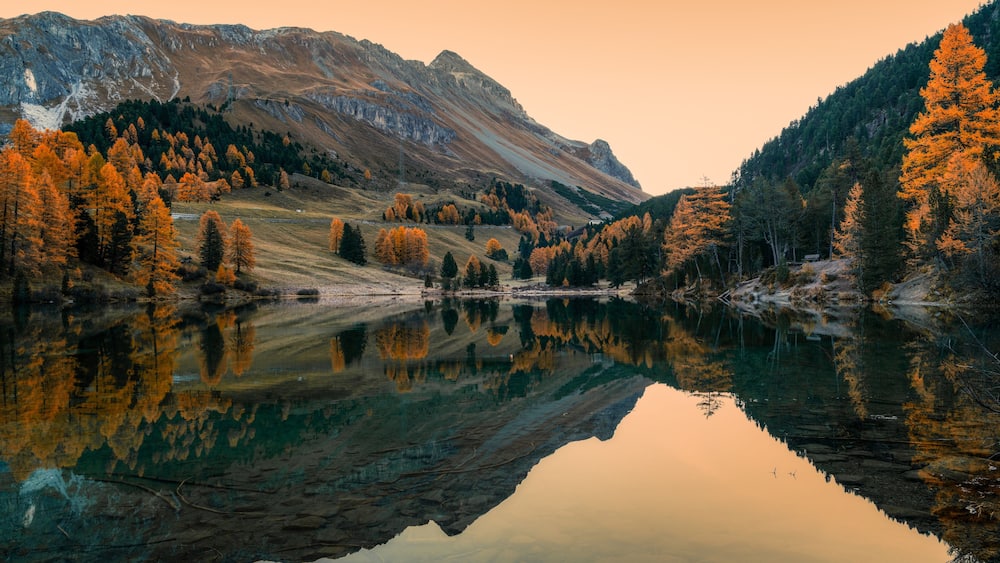 Ein stiller See spiegelt Bäume und Berge wider.
