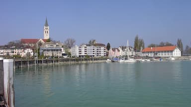 A waterfront with buildings, a tower, and boats.