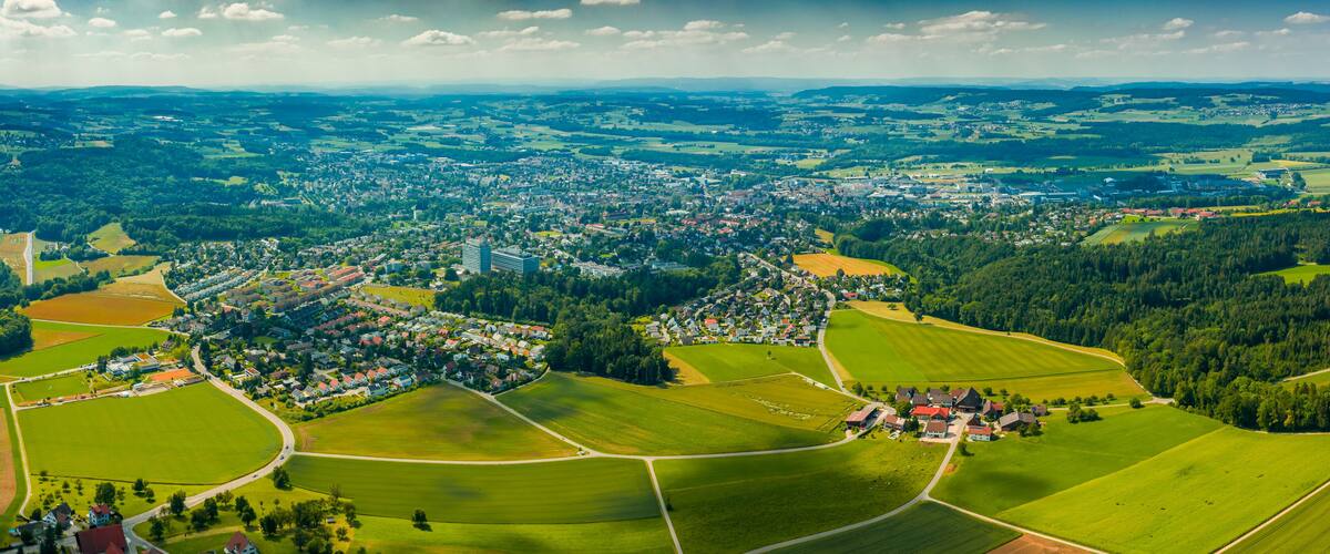 A panoramic view of a town surrounded by green fields and forests.