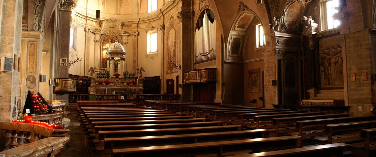 An ornate church interior with arched ceilings, wooden pews, and a central altar.