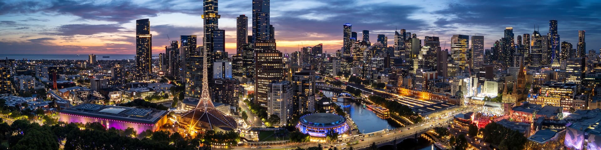 Aerial panoramic image of Melbourne Victoria Australia at sunset