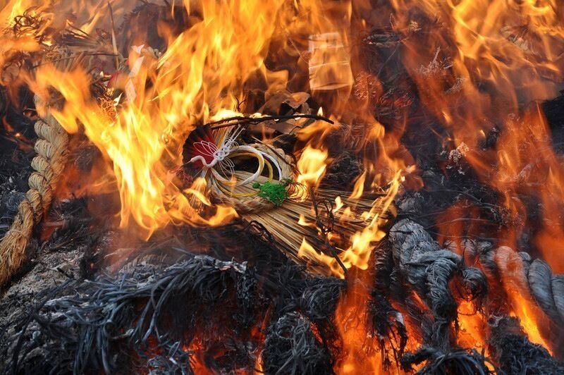 Dondoyaki. Early in the new year, people come from all around the surrounding area to ritually burn the prior year's talismans and amulets. They also can burn things that they feel can't be thrown away...like stuffed toys, that have spirit (kami) to be released.