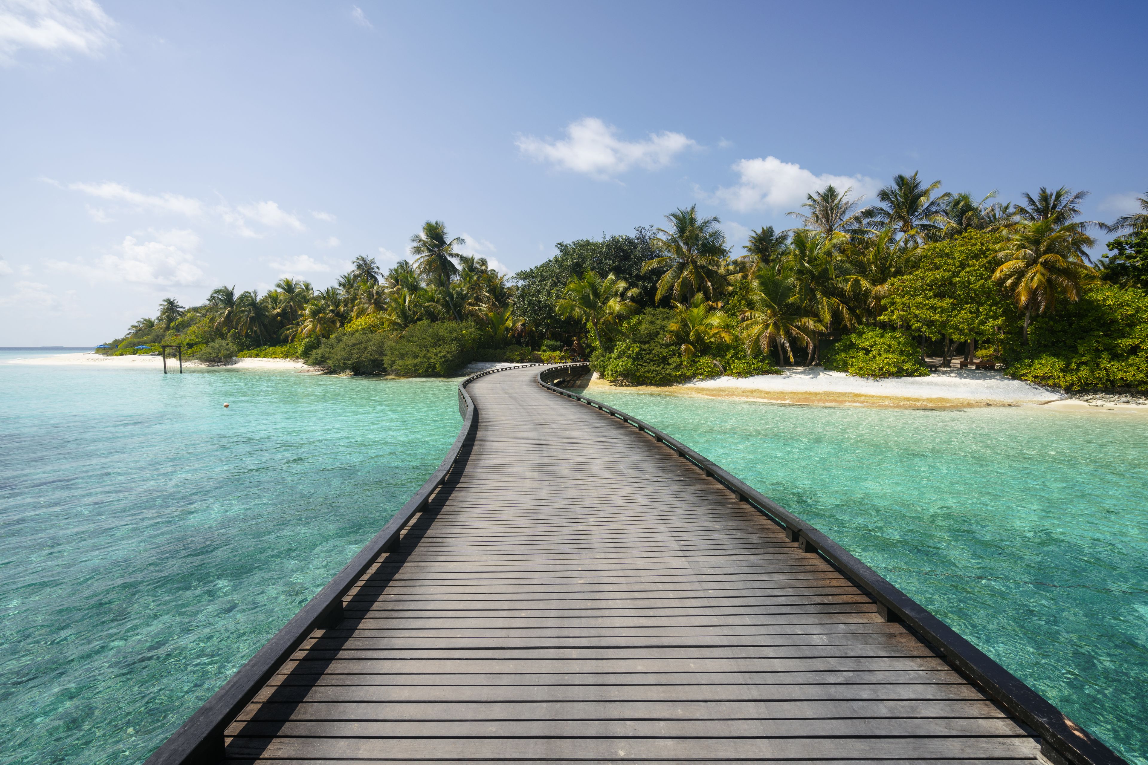 Une jetée en bois qui mène à une plage bordée d’une eau turquoise et de palmiers.