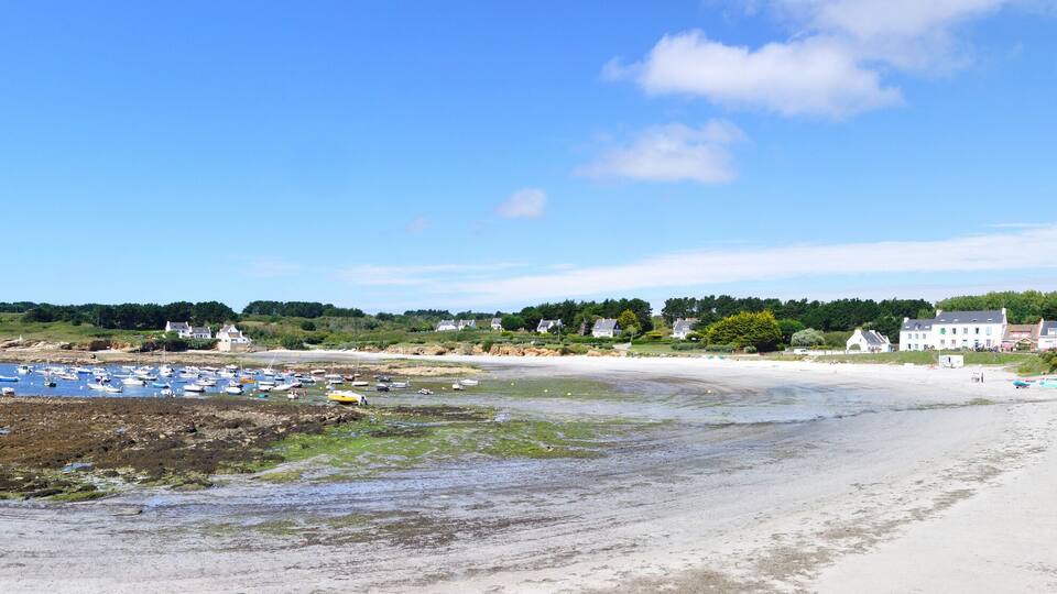 A coastal scene with boats, a sandy beach, and houses along the shore.
