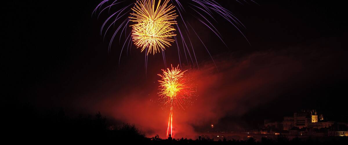 A night sky with fireworks exploding over a cityscape.