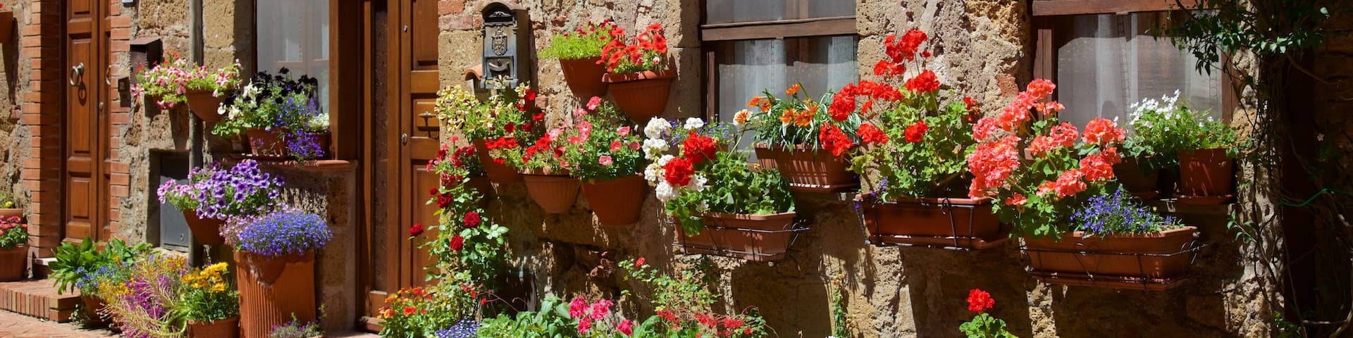 A rustic building with multiple flower pots filled with colorful flowers.