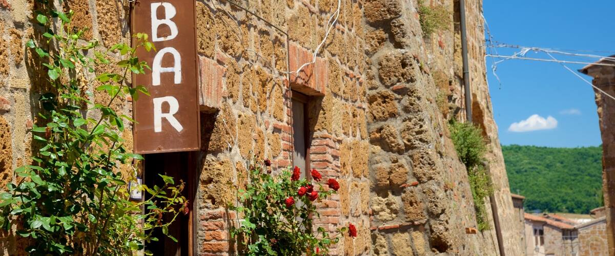 Sovana showing signage and heritage architecture