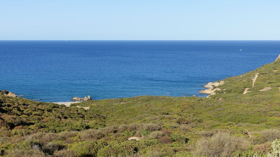 A coastal landscape with a clear view of the sea, green hills, and a few scattered rocks.
