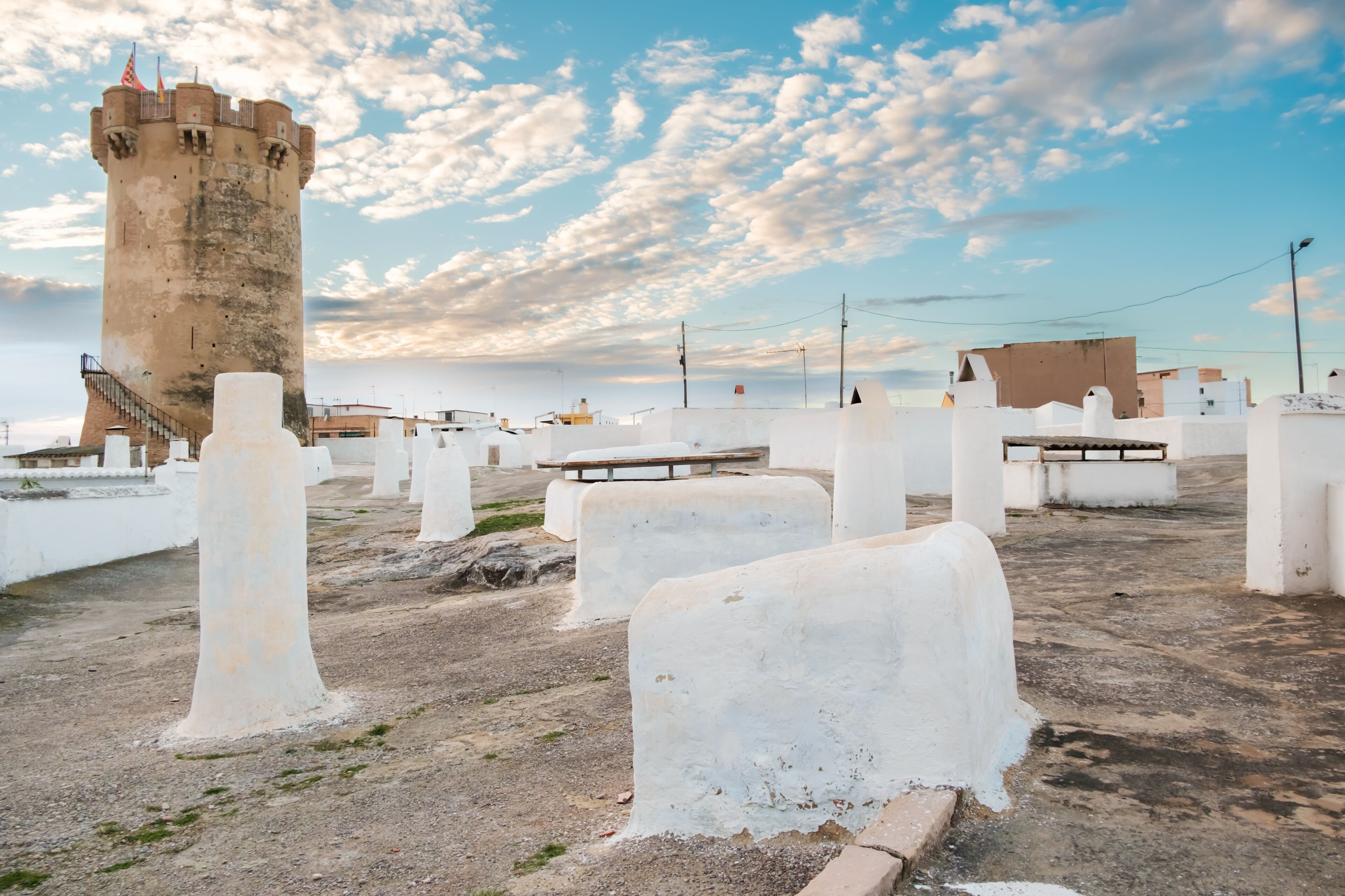 Tower and chimneys of the caves of Paterna, Valencia.