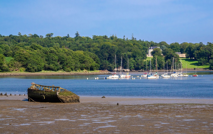 Scenic Coastal View with Old Boat and Sailboats, Lanester-Kerhervy, Brittany