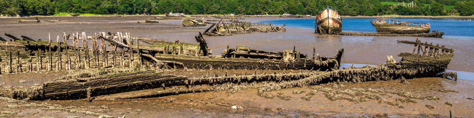 Panorama of old shipwrecks in Lanester-Kerhervy, Brittany