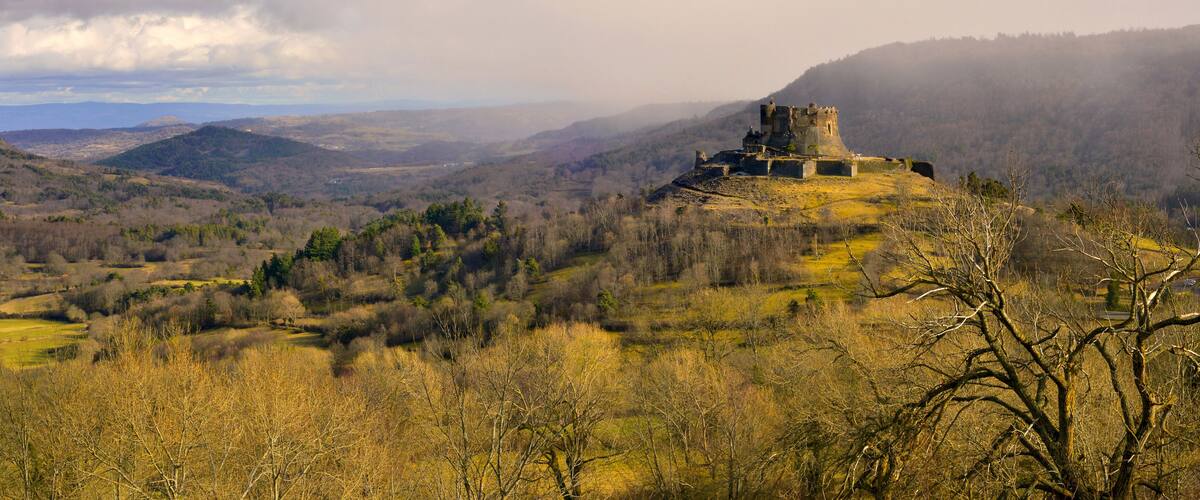 A medieval castle on a hill overlooking a valley with sparse trees and distant mountains.