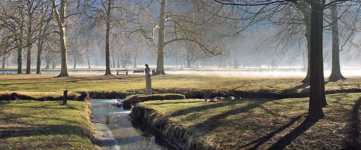 A misty park with a stream, trees, and a statue.