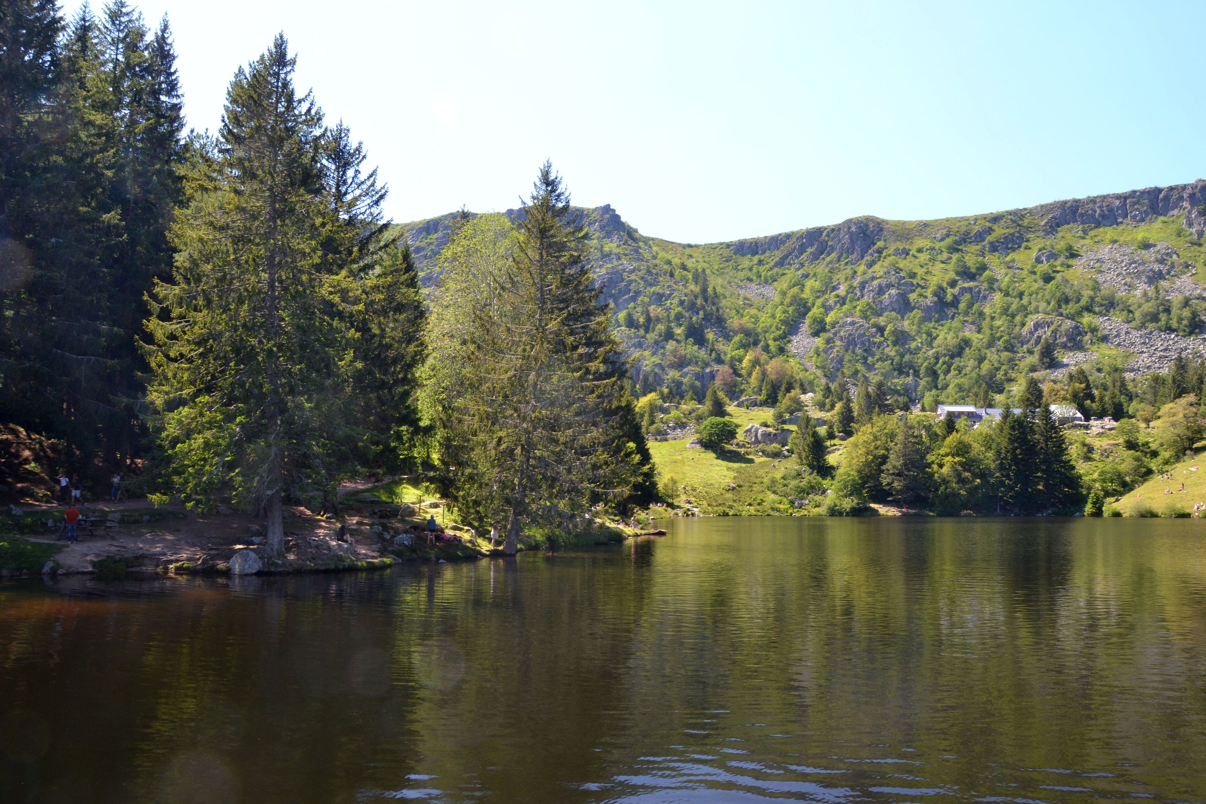 Un lac entouré d’une forêt dense et de montagnes.