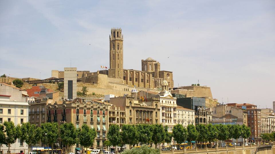 A historic cityscape with a prominent tower and a mix of traditional and modern buildings.