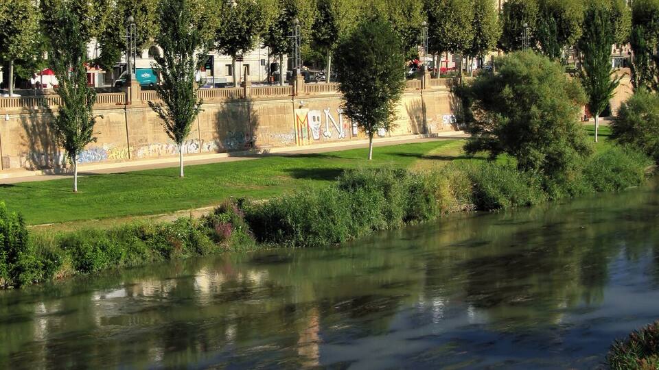 A river with a bridge, a tower, and buildings in the background.