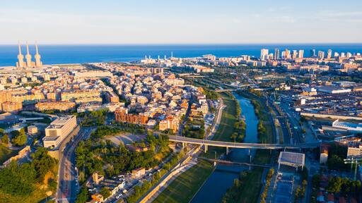 Top view on Barcelona and district Sant Adria de Besos, Besos river. Spain