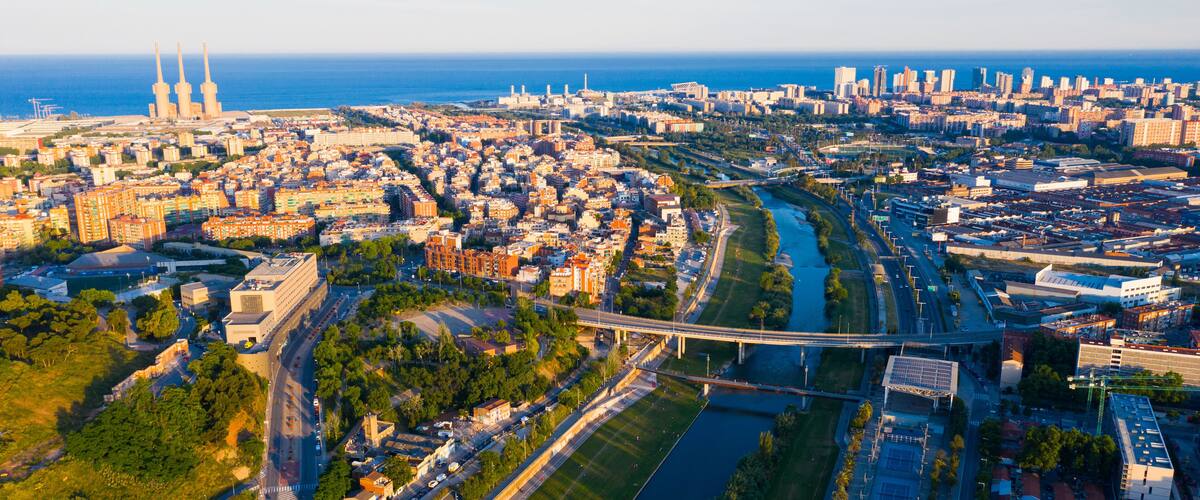 Top view on Barcelona and district Sant Adria de Besos, Besos river. Spain