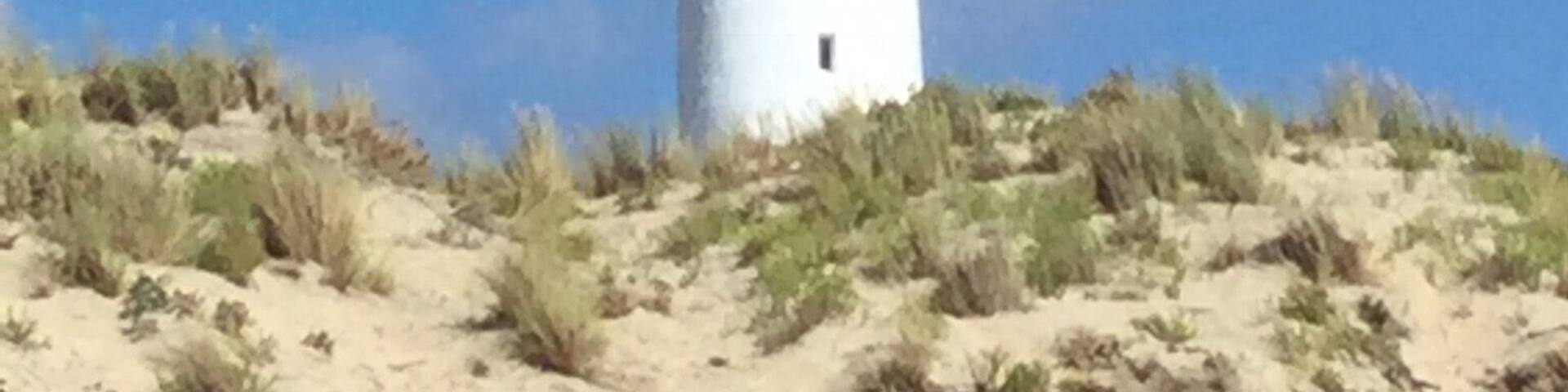A tall lighthouse with a red top and white base, surrounded by sandy dunes and sparse vegetation.