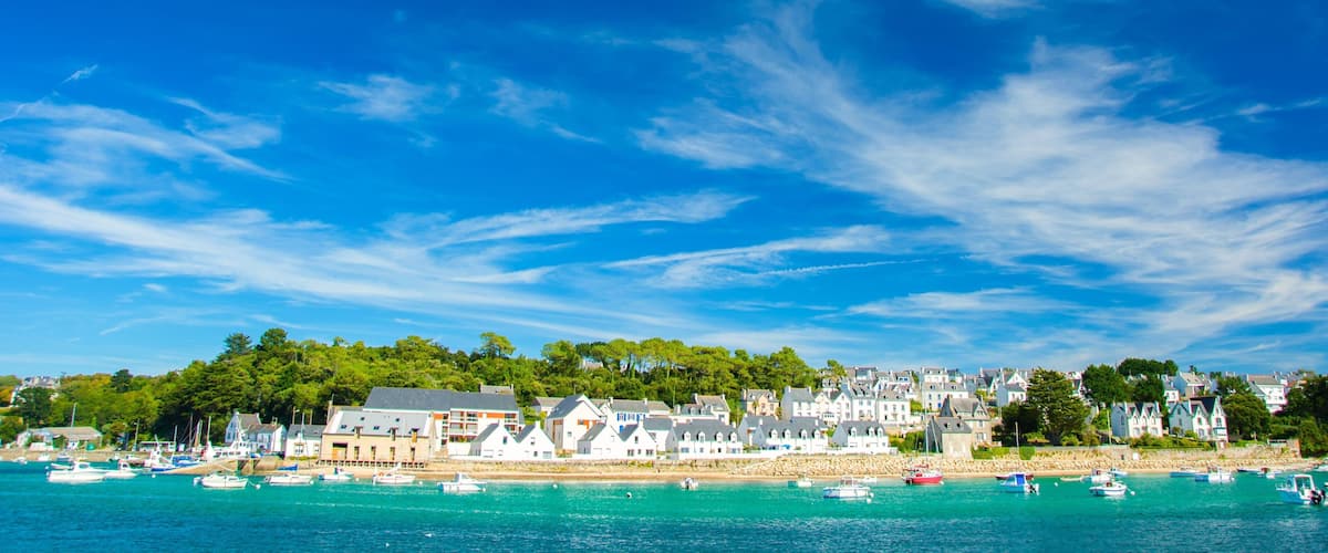 A coastal town with a harbor filled with boats, surrounded by lush greenery and traditional houses.